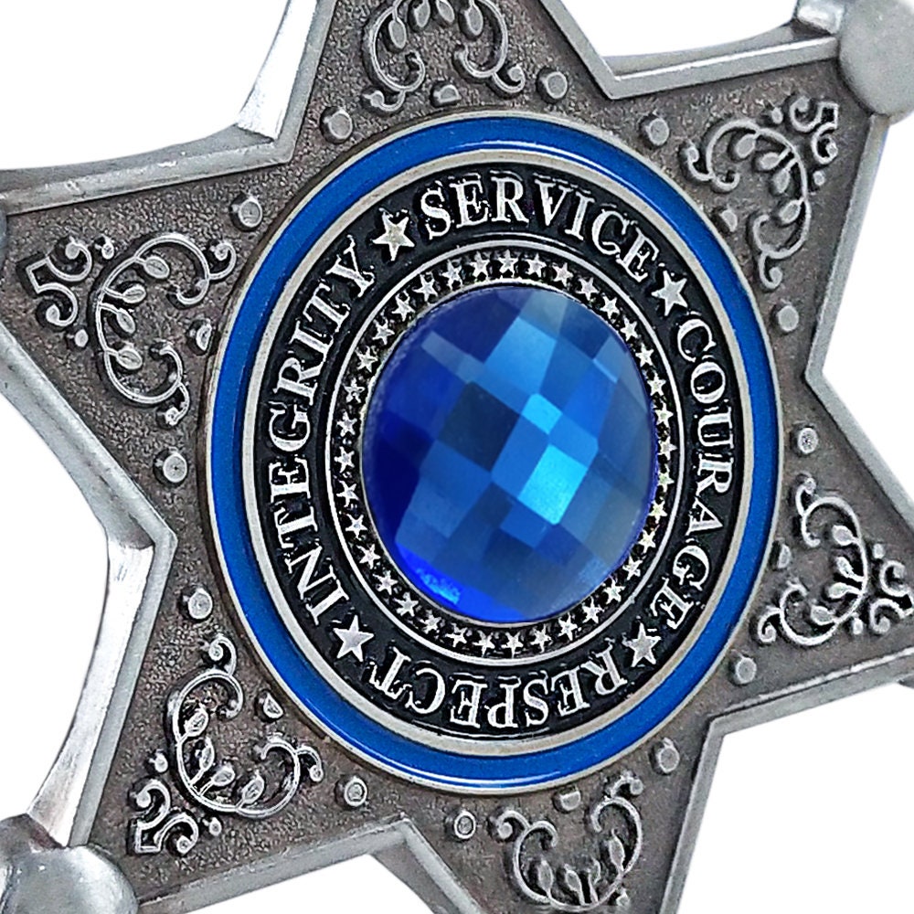 Sheriff Six Pointed Star Challenge Coin Medallion Police Collectible w/ Blue Gem/gift for Him for father decowoodo