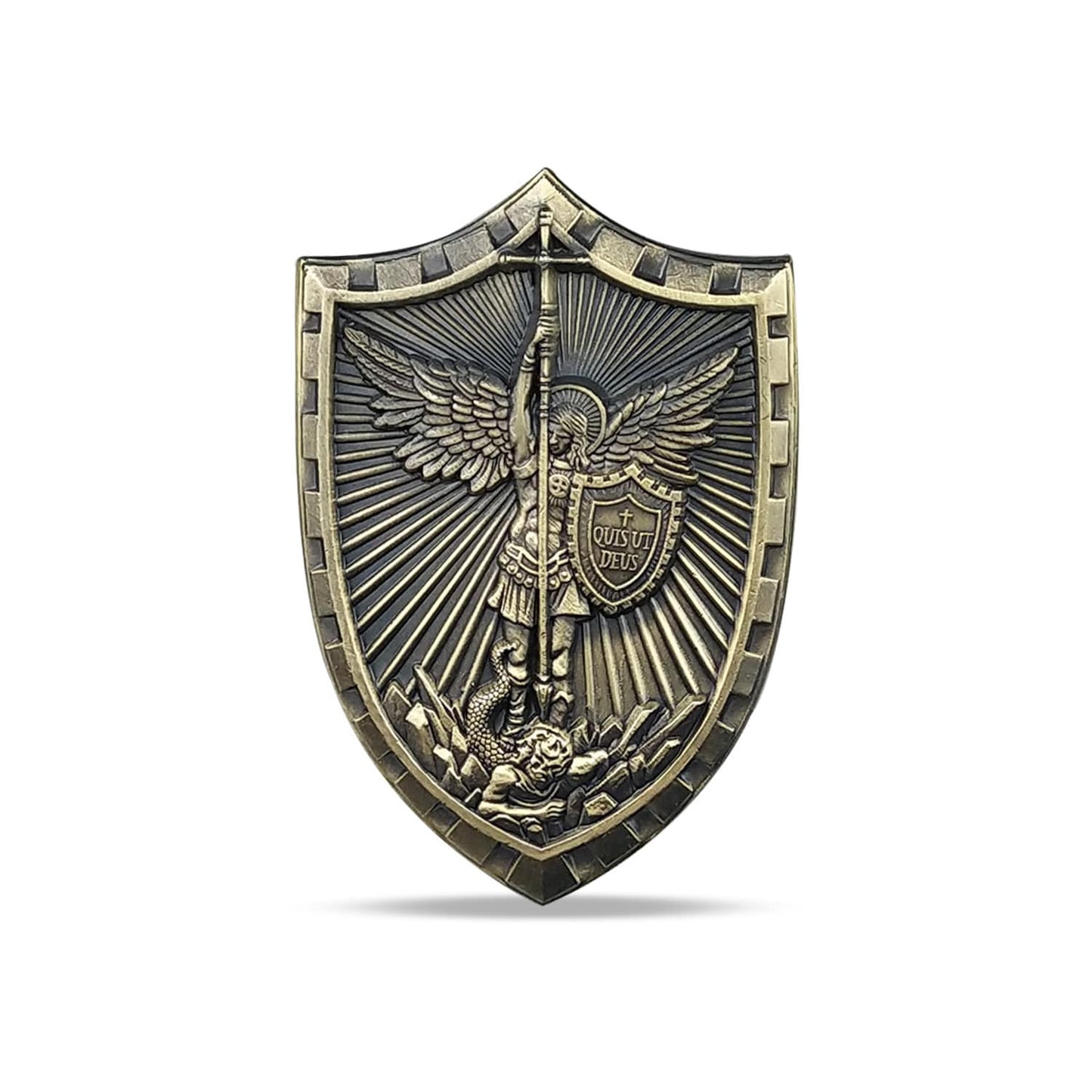 St Michael Patron Saint Challenge Coin QUIS UT DEUS Shield Badge Medallion/gift for Him for father decowoodo