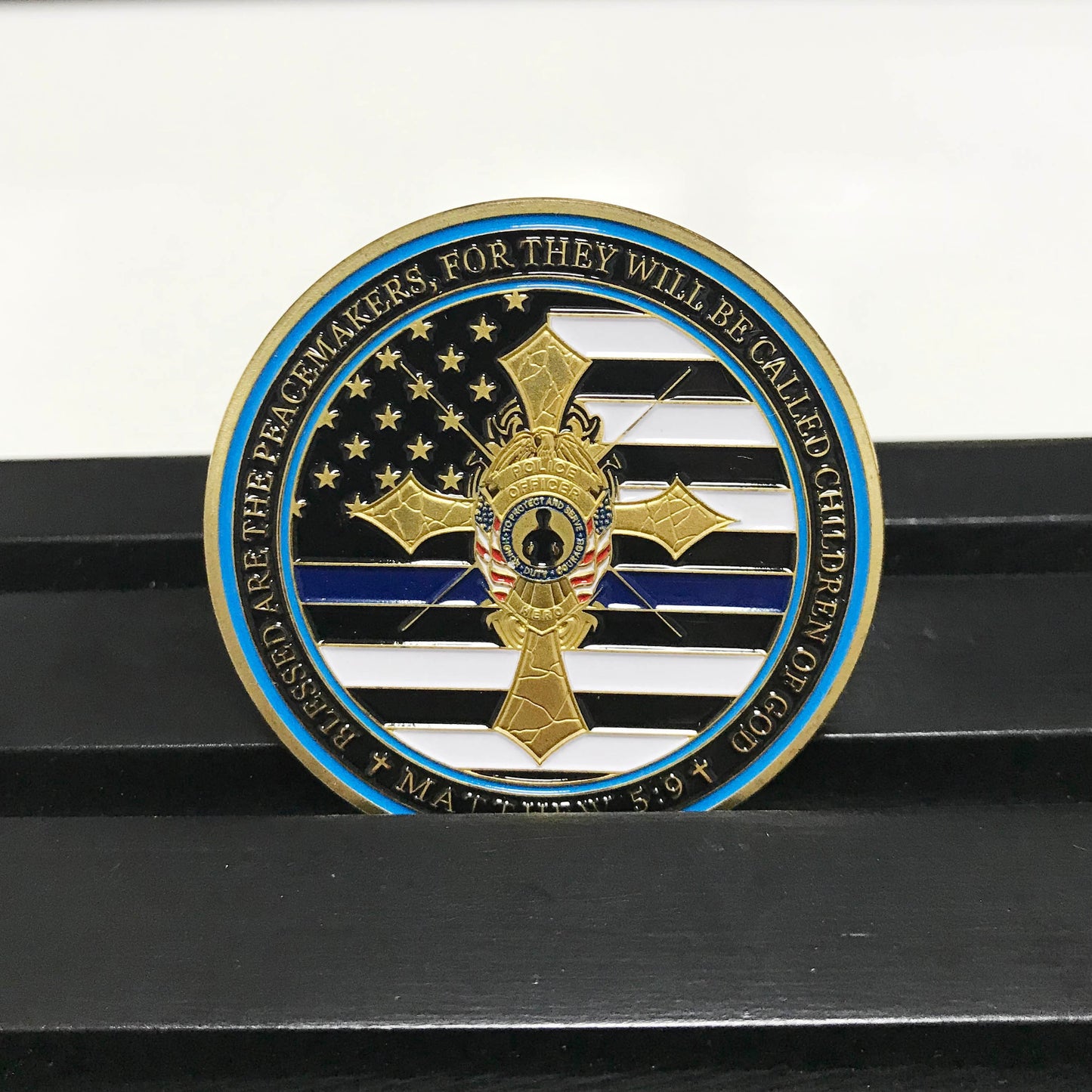 Armor Pray police officer's Cross Challenge Coin Crusader Sword and Shield Life Creed Brotherhood Token with Display gift for him DecoWoodo