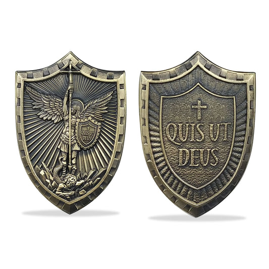 St Michael Patron Saint Challenge Coin  QUIS UT DEUS Shield Badge Medallion/gift for Him for father decowoodo